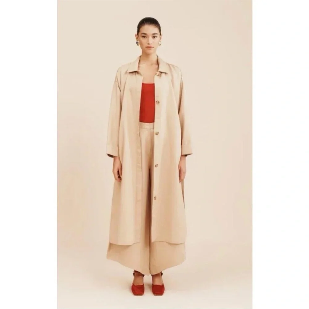 POSSE Ruth Long Trench Coat Linen Cotton Latte Tan Size M - Picture 3 of 9